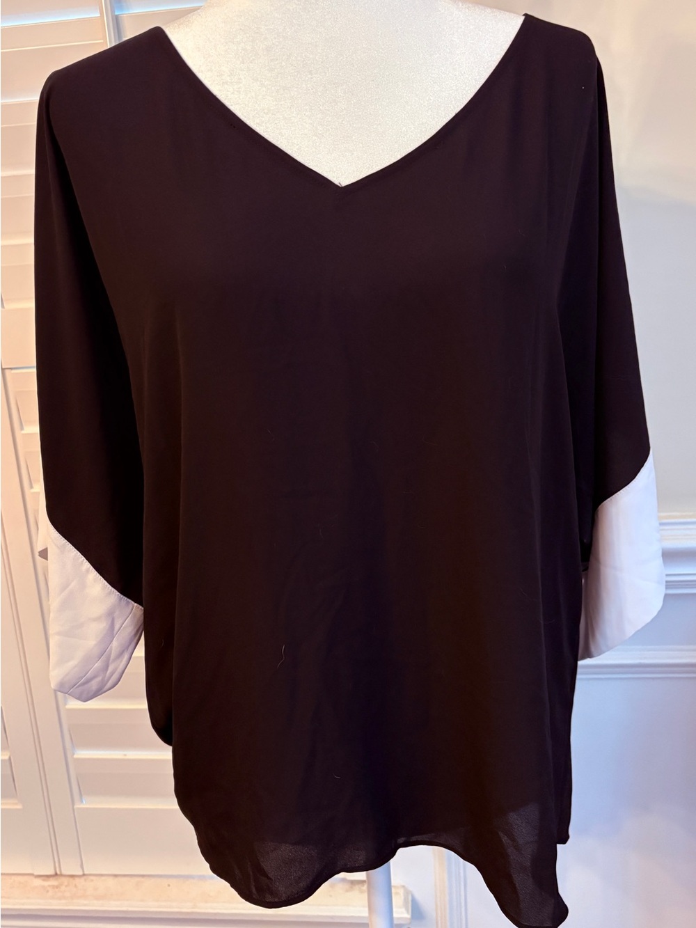 White House Black Market Black V-Neck Blouse with White Sleeve Accents